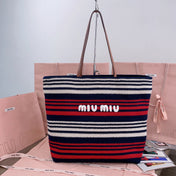 LARGE SHOPPING BAG 40 IN NATURAL MIX BLUE WOVEN RAFFIA LEATHER STRAP