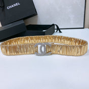 CC ELASTIC BELT 30MM IN GOLD CALFSKIN SILVER HARDWARE WITH RHINSTONES