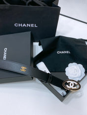 CC 30MM BELT IN BLACK SMOOTH CALFSKIN WHITE MIX BLACK METAL LOGO GOLD HARDWARE