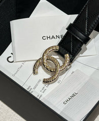 DOUBLE C BELT 30MM IN BLACK CALFSKIN EMBOSSED LOGO GOLD BUCKLE