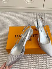 BLOSSOM SLINGBACKS 75 MM IN SILVER IMPORTED STRIPED SILK SATIN