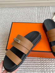 HM 26S KELLY BUCKLE DOUBLE STRAP SANDALS IN BROWN CALFSKIN GOLD HARDWARE