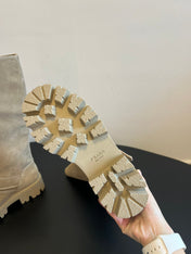 PRADA 25S HIGH-CUT PLATFORM BOOTS IN DARK BEIGE SUEDE WITH GOLD HARDWARE