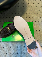 BOTTEGA VENETA 26S LOAFERS IN DARK BROWN SUEDE WITH GOLD HARDWARE