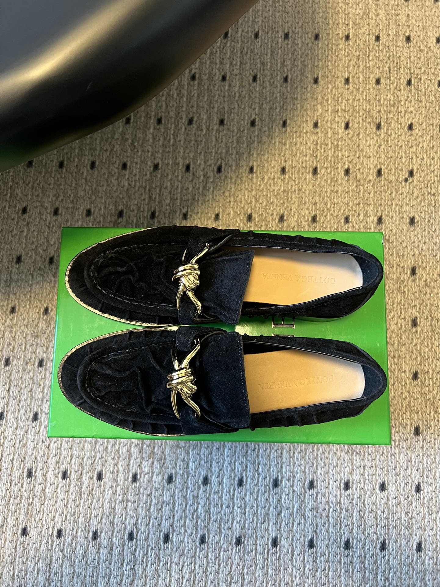 BOTTEGA VENETA 26S LOAFERS IN BLACK SUEDE WITH GOLD HARDWARE