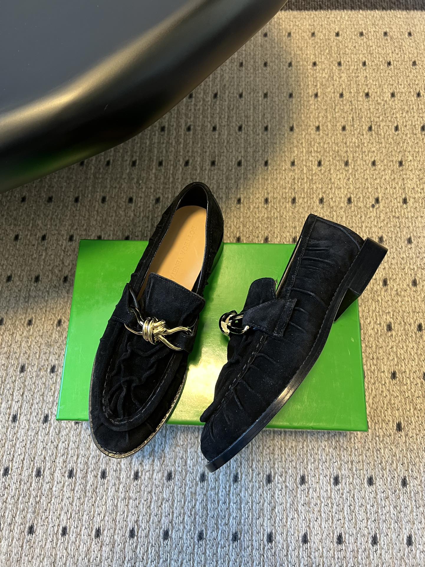 BOTTEGA VENETA 26S LOAFERS IN BLACK SUEDE WITH GOLD HARDWARE