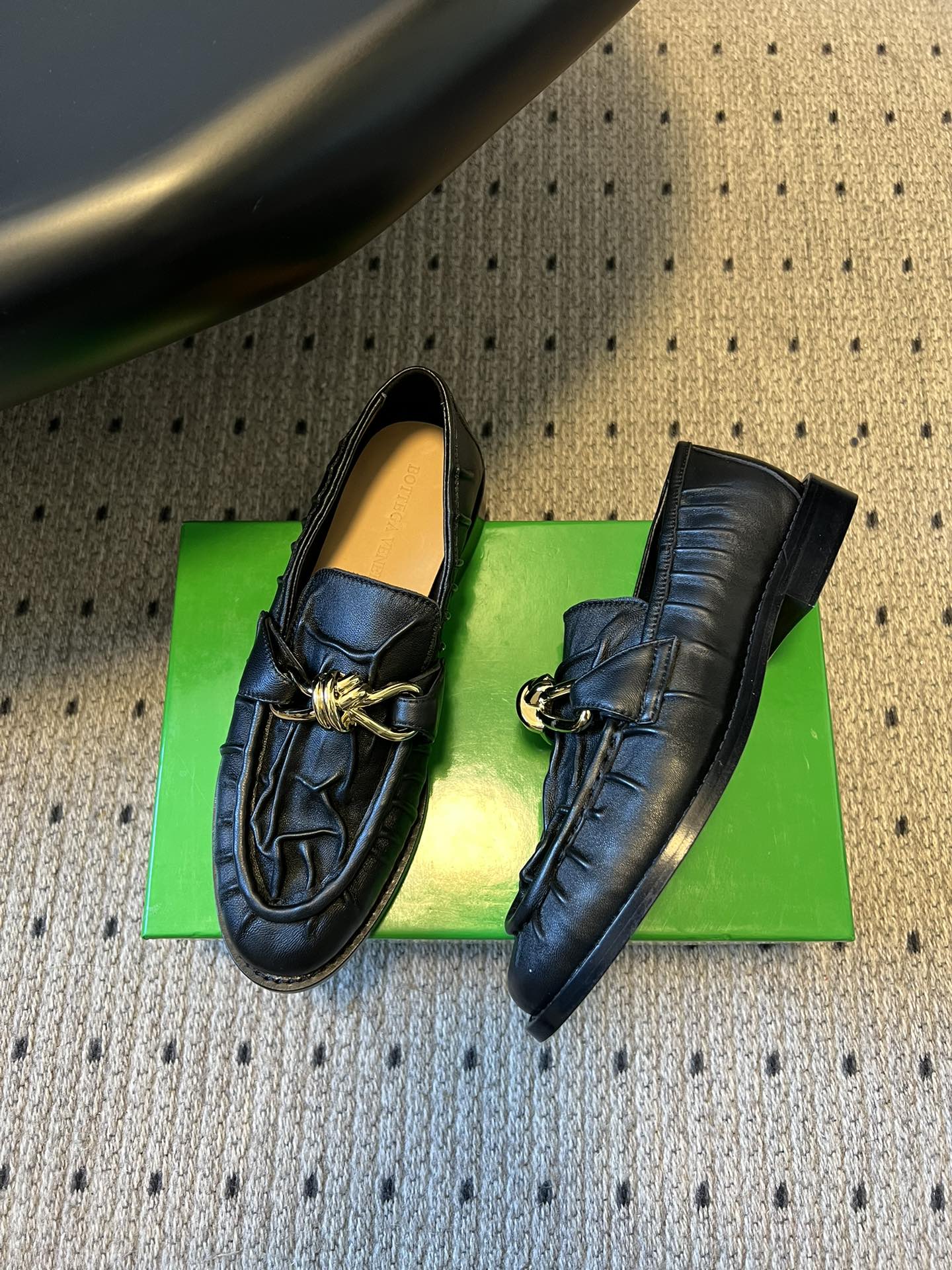 BOTTEGA VENETA 26S LOAFERS IN BLACK LAMBSKIN WITH GOLD HARDWARE