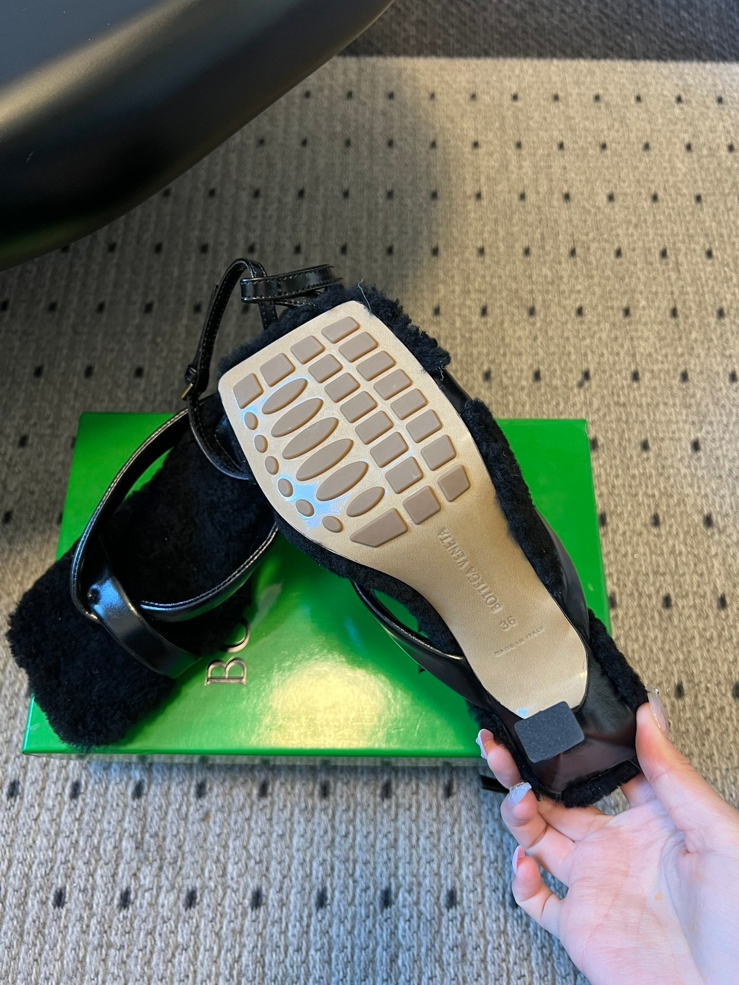 BOTTEGA VENETA 26S SQUARE-TOE HIGH-HEEL SANDALS 90 MM IN BLACK LAMBSKIN AND WOOL