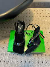 BOTTEGA VENETA 26S SQUARE-TOE HIGH-HEEL SANDALS 90 MM IN BLACK LAMBSKIN AND WOOL