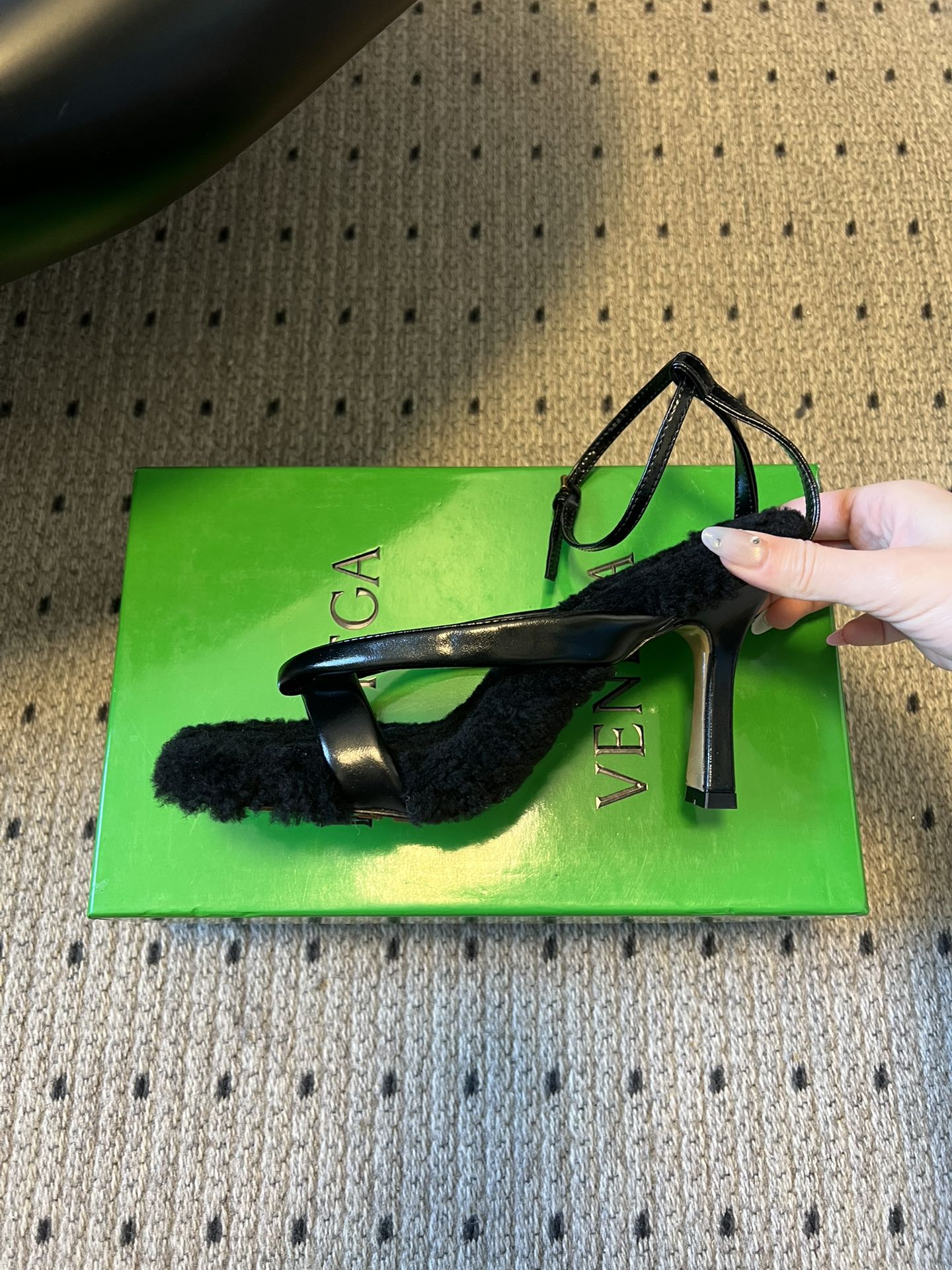 BOTTEGA VENETA 26S SQUARE-TOE HIGH-HEEL SANDALS 90 MM IN BLACK LAMBSKIN AND WOOL