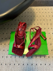 BOTTEGA VENETA 26S SQUARE-TOE HIGH-HEEL SANDALS 90 MM IN RED LAMBSKIN AND WOOL