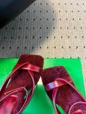 BOTTEGA VENETA 26S SQUARE-TOE HIGH-HEEL SANDALS 90 MM IN RED LAMBSKIN AND WOOL