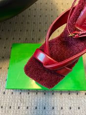 BOTTEGA VENETA 26S SQUARE-TOE HIGH-HEEL SANDALS 90 MM IN RED LAMBSKIN AND WOOL