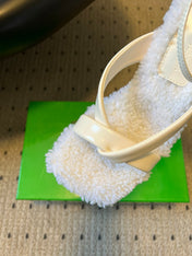 BOTTEGA VENETA 26S SQUARE-TOE HIGH-HEEL SANDALS 90 MM IN WHITE LAMBSKIN AND WOOL