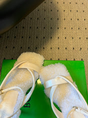 BOTTEGA VENETA 26S SQUARE-TOE HIGH-HEEL SANDALS 90 MM IN WHITE LAMBSKIN AND WOOL