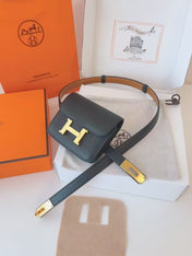 HM KELLY CONSTANCE SLIM WALLET BELT IN BLACK CALFSKIN GOLD HARDWARE