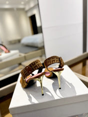 RUBY SANDALS IN BROWN CALFSKIN AND PB LABYRINTH CANVAS