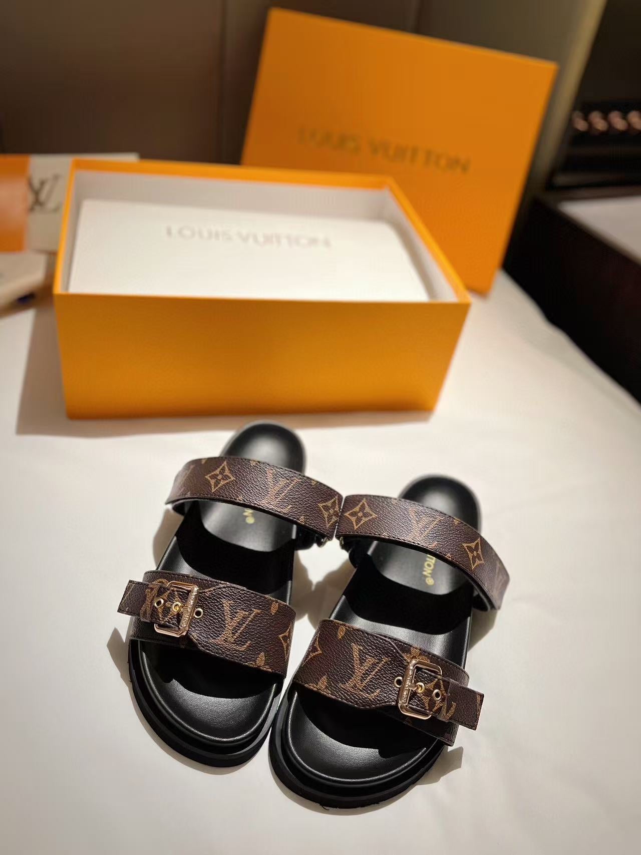 LV GOLD BUCKLE SANDALS IN BROWN MONOGRAM CANVAS
