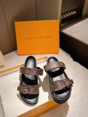 LV GOLD BUCKLE SANDALS IN BROWN MONOGRAM CANVAS