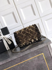 CC 20 SEQUINS FLAP BAG IN BLACK MIX BROWN