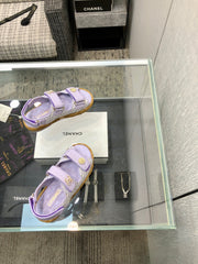 VELCRO SANDALS IN PALE PURPLE LAMBSKIN AND TWEED FABRIC