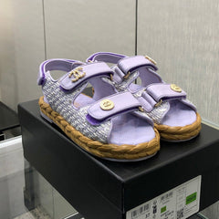 VELCRO SANDALS IN PALE PURPLE LAMBSKIN AND TWEED FABRIC