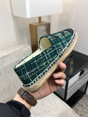 ESPADRILLE FOREST GREEN TWEED FABRIC AND BLACK CALFSKIN FLATS