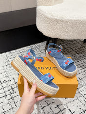 LV PLATFORM ESPADRILLE SANDALS 25S IN BLUE DENIM