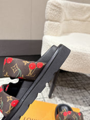 LV TWO-STRAP SLIDES 25S IN BROWN FABRIC AND BLACK CALFSKIN