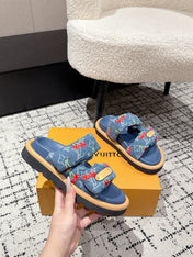 LV MIAMI DOUBLE-STRAP SANDALS 25S IN BLUE DENIM AND CALFSKIN