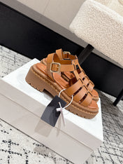 PRADA 25S FISHERMAN OPEN TOE SANDALS IN BURNT ORANGE CALFSKIN