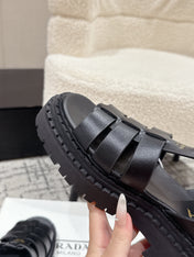 PRADA 25S FISHERMAN OPEN TOE SANDALS IN BLACK CALFSKIN