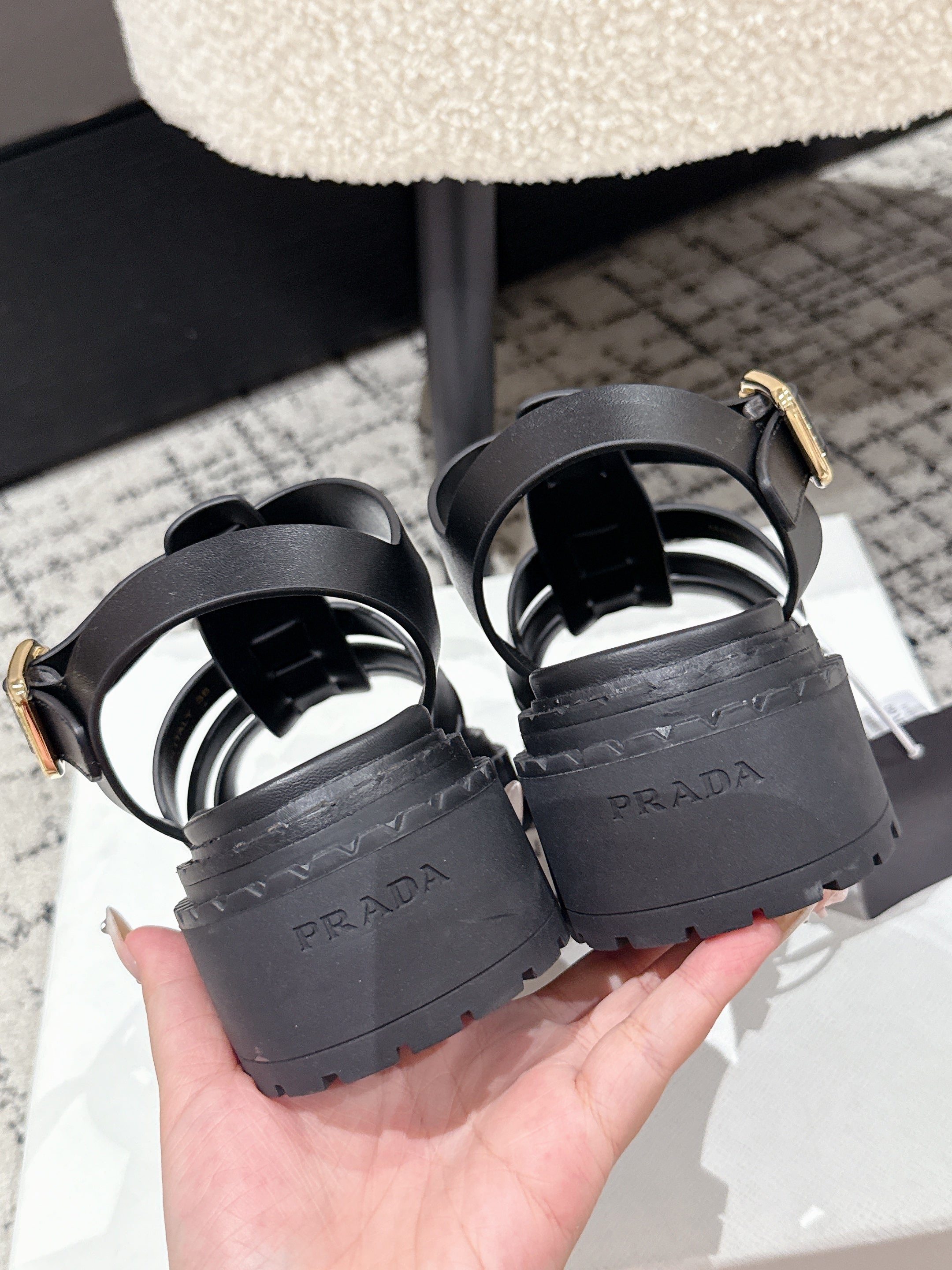 PRADA 25S FISHERMAN OPEN TOE SANDALS IN BLACK CALFSKIN