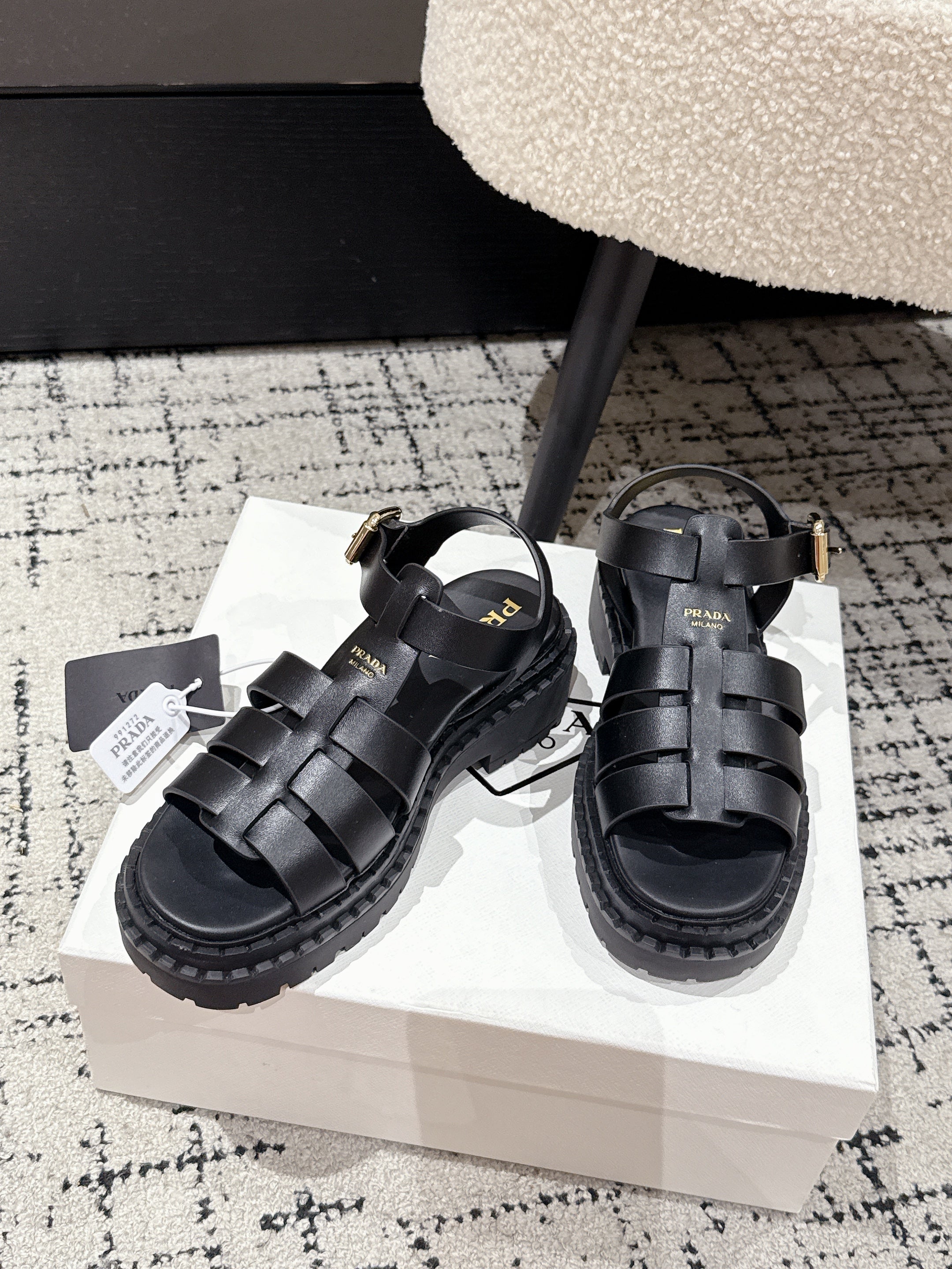 PRADA 25S FISHERMAN OPEN TOE SANDALS IN BLACK CALFSKIN
