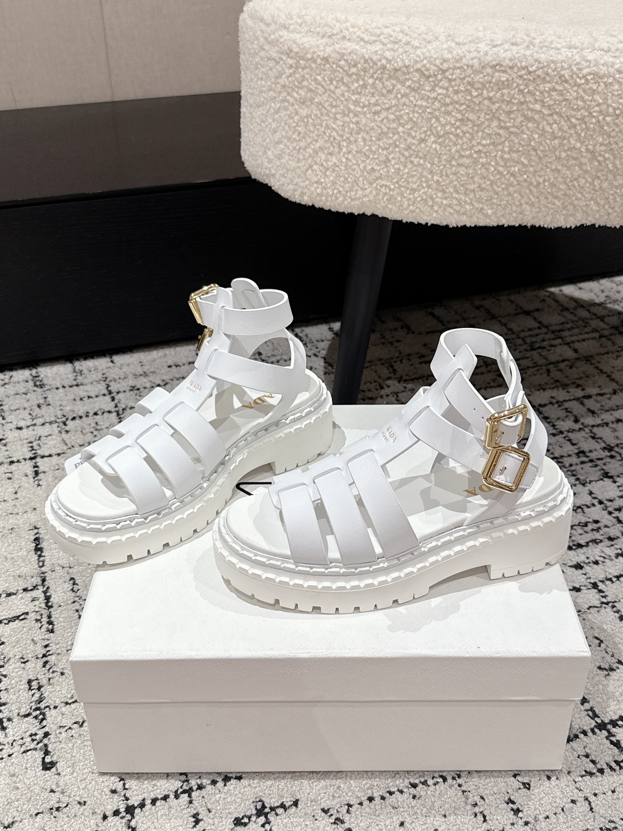 PRADA 25S HIGH TOP OPEN TOE FISHERMAN SANDALS IN WHITE CALFSKIN