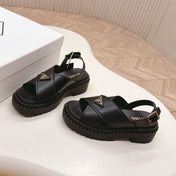 PRADA 25S SANDALS IN BLACK CALFSKIN LOGO GOLD HARDWARE