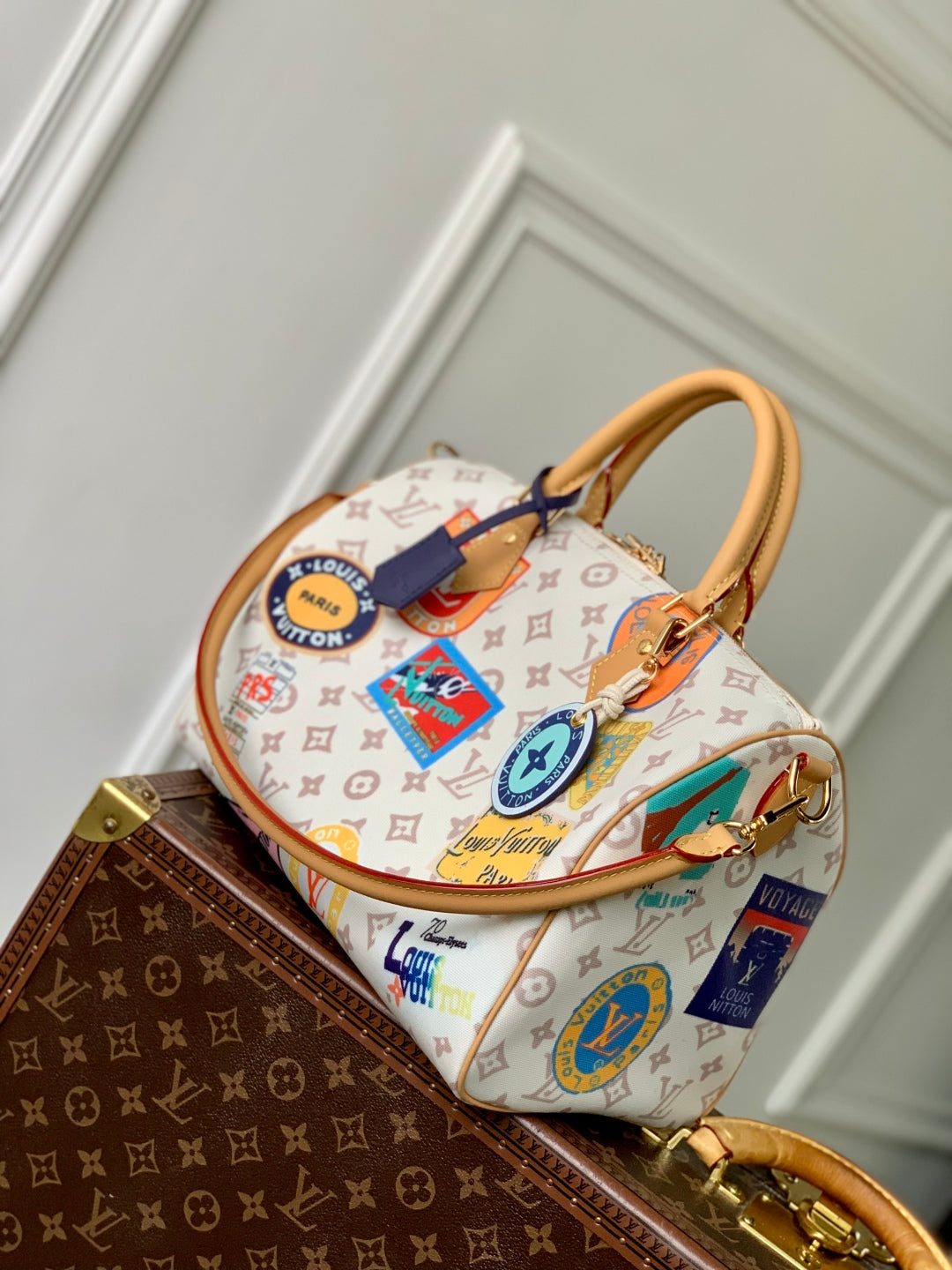 SPEEDY SOFT 30 IN WHITE MONOGRAM DUNE CANVAS AND CALFSKIN
