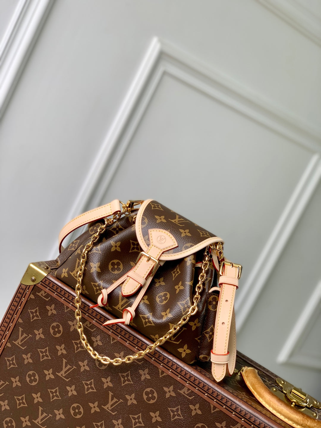 MONTSOURIS BACKPACK MINI 27 IN BROWN MONOGRAM COATED CANVAS AND CALFSKIN