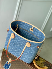 NEVERFULL MM 31 IN DENIM BLUE MONOGRAM COWHIDE LEATHER TRIM