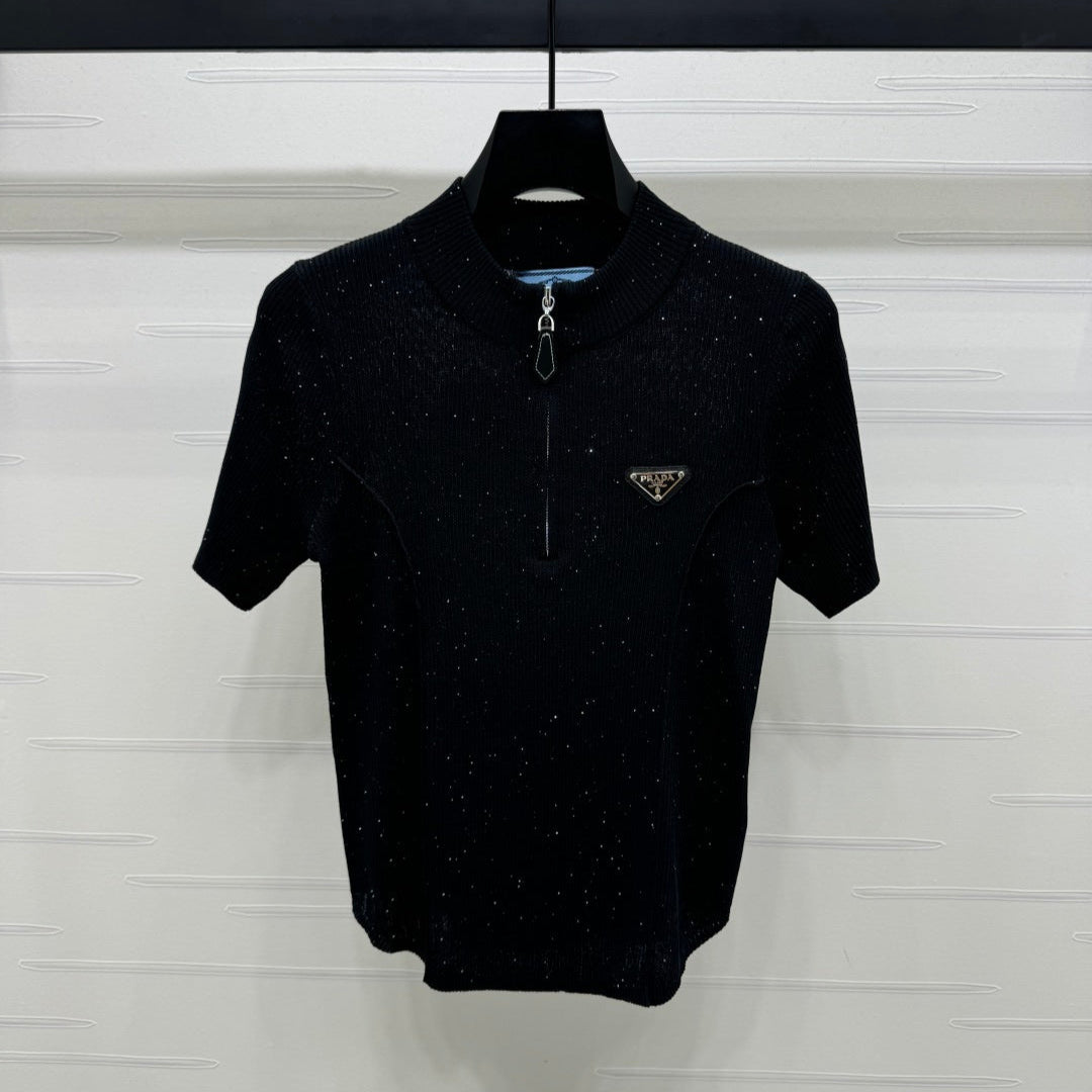 PRADA MOCK NECK SHORT-SLEEVE KNIT TOP BLACK 274816