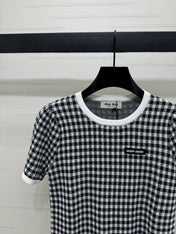 MIUMIU CREW NECK SHORT-SLEEVE PLAID KNIT TOP 274833