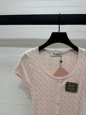 MIUMIU U-NECK KNITTED SHORT-SLEEVE TOP PINK 274947