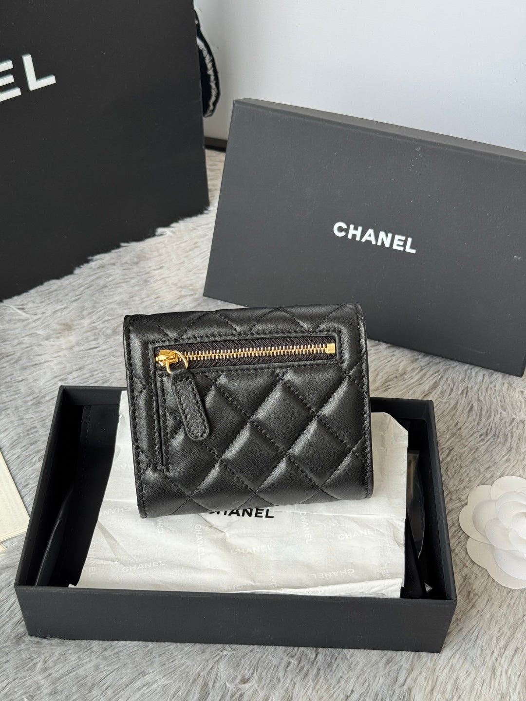 CHANEL 25S CF SMALL TRI FOLD WALLET 11 IN BLACK LAMBSKIN GOLD HARDWARE