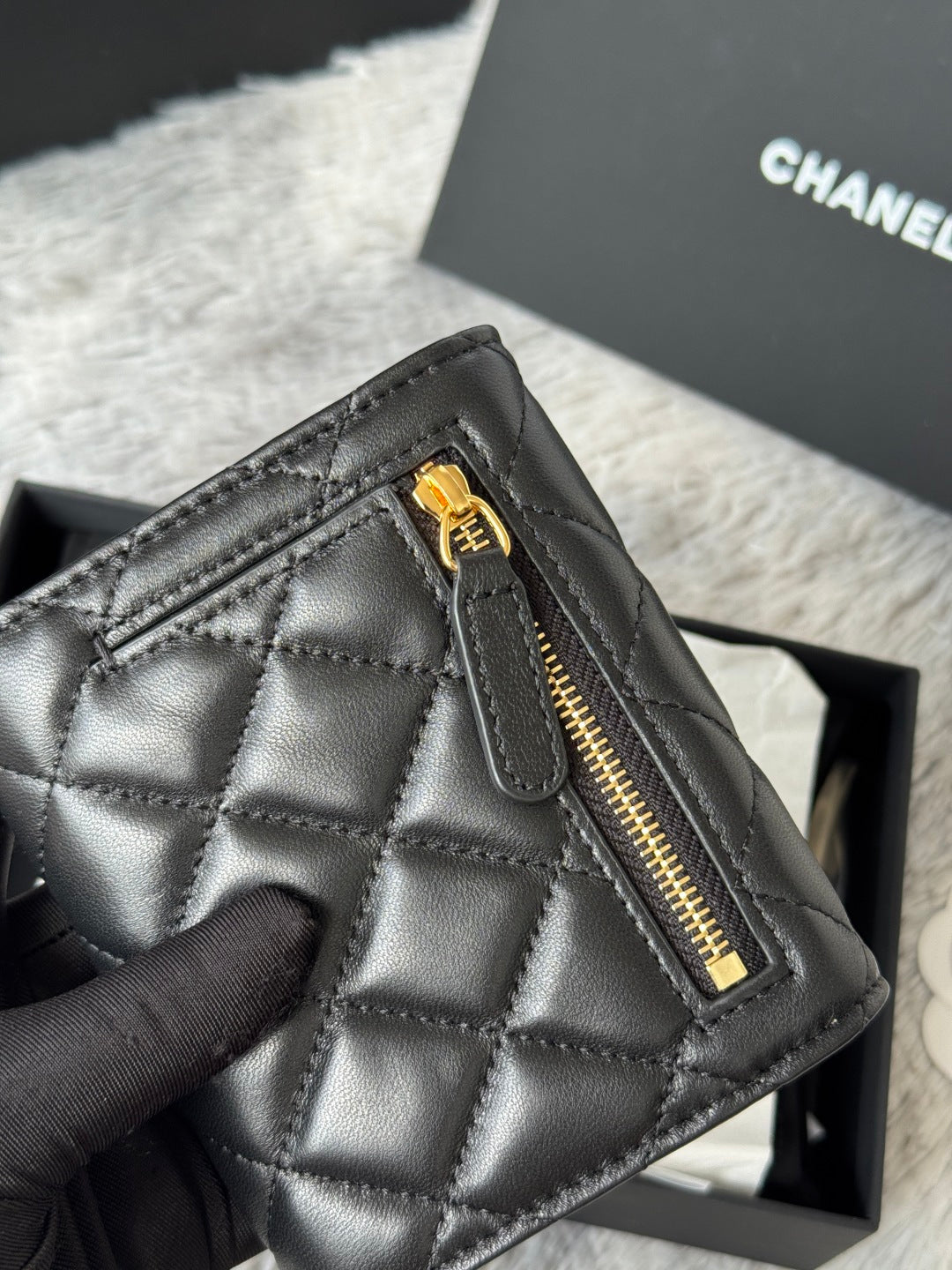 CHANEL 25S CF SMALL TRI FOLD WALLET 11 IN BLACK LAMBSKIN GOLD HARDWARE