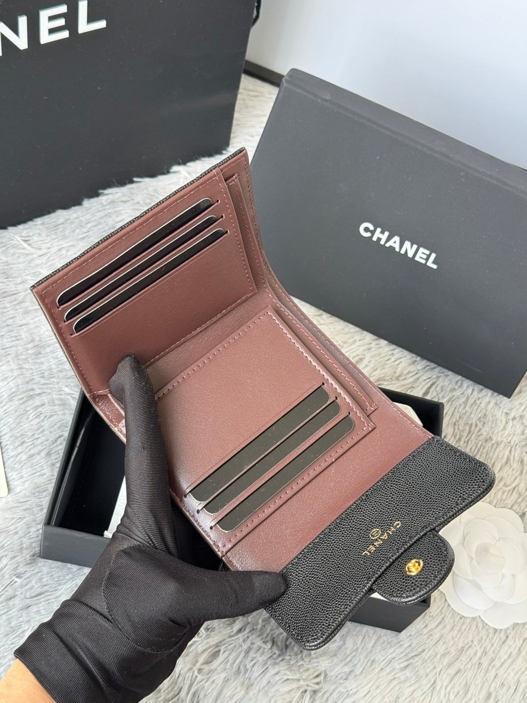 CHANEL 25S CF SMALL TRI FOLD WALLET 11 IN BLACK CAVIAR GOLD HARDWARE