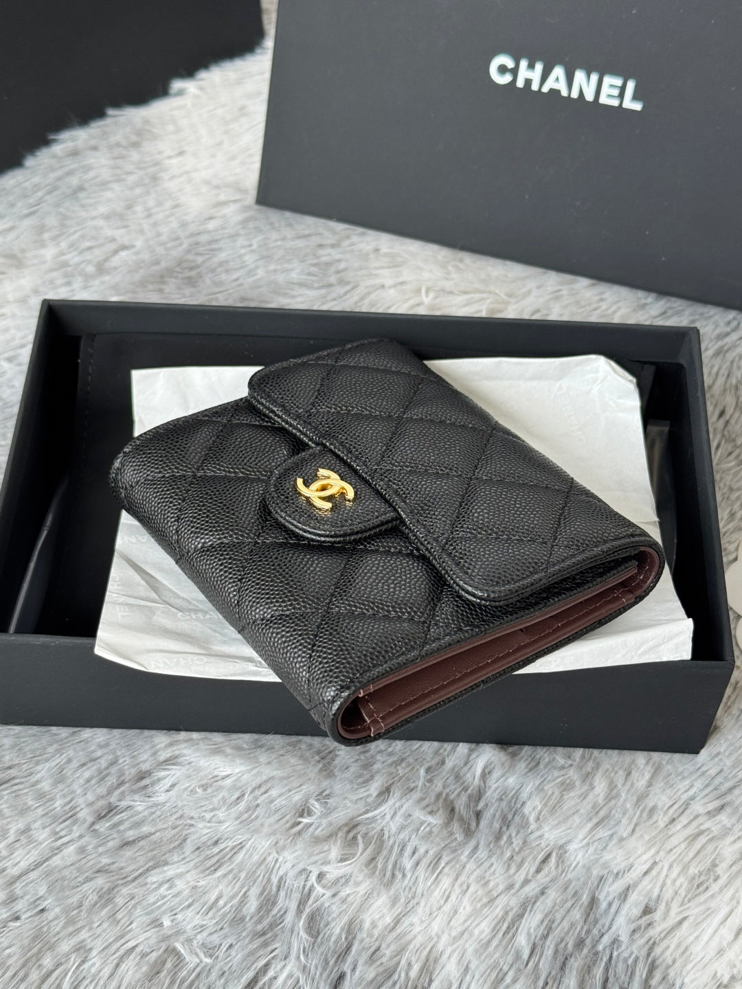 CHANEL 25S CF SMALL TRI FOLD WALLET 11 IN BLACK CAVIAR GOLD HARDWARE