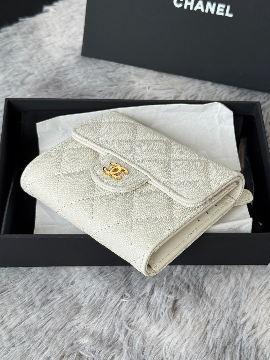 CHANEL 25S CF SMALL TRI FOLD WALLET 11 IN IVORY CAVIAR GOLD HARDWARE