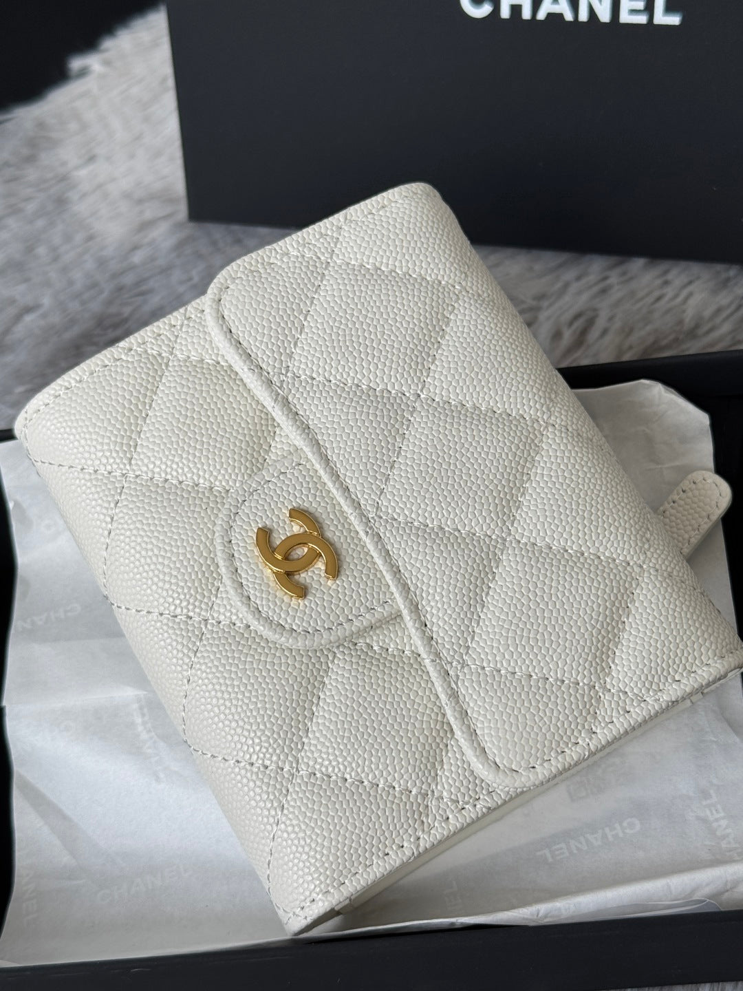 CHANEL 25S CF SMALL TRI FOLD WALLET 11 IN IVORY CAVIAR GOLD HARDWARE