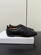 THE ROW 26S LACE UP DERBY FLATS IN BLACK CALFSKIN  WITH SQUARE TOE