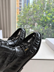 YSL 25S ANKLE FLAT BOOTS IN BLACK EMBOSSED LAMBSKIN WITH SIDE ZIPPER